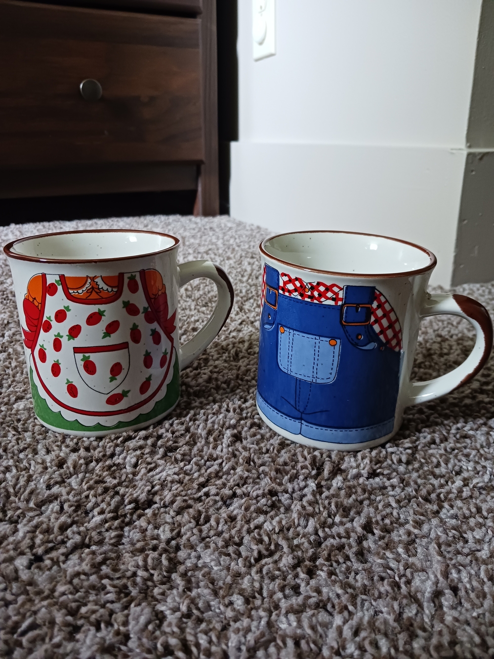 Vintage Ceramic Blue Overalls and White Strawberry Apron Mug Set